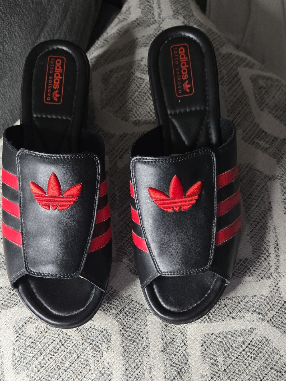 Adidas Lotta Volkova Black Slip-On Mules with Red Trefoil & Stripes